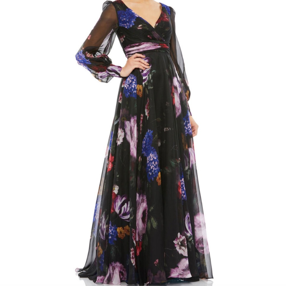 Mac Duggal Black Floral Print Chiffon Long Sleeve Maxi Dress